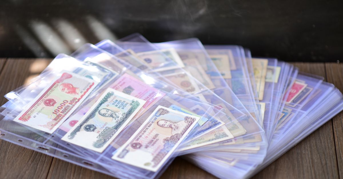 Diverse collection of international banknotes stored in protective sleeves, showcasing world currencies.